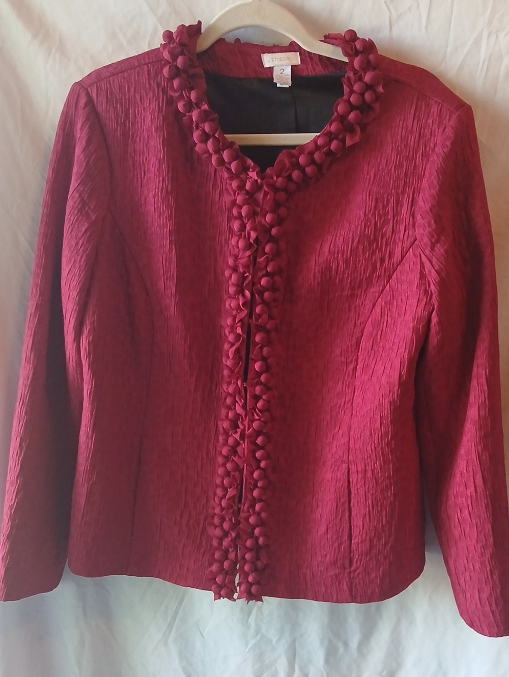Chico's Raspberry Textured Jacket with Pom-Pom Trim
